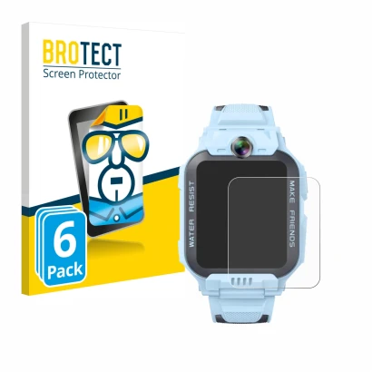 Front side of a product packaging with the brand logo BROTECT. Next to it is the device Imoo Watch Phone Z7 shown with the cor