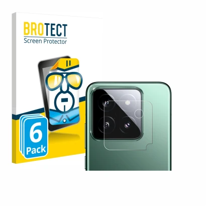 Front side of a product packaging with the brand logo BROTECT. Next to it is the device Xiaomi 14 (ONLY Camera Lens) shown wit