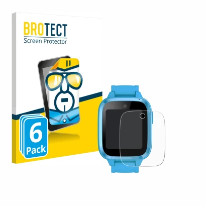 Front side of a product packaging with the brand logo BROTECT. Next to it is the device Xplora Kidzi Watch shown with the corr