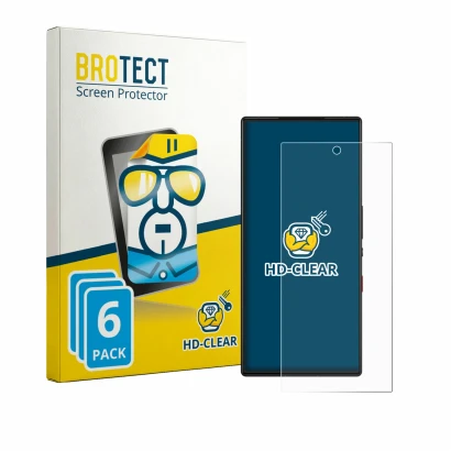 Front side of a product packaging with the brand logo BROTECT. Next to it is the device ZTE Nubia Red Magic 9S Pro shown with