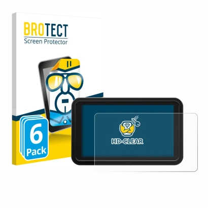 Front side of a product packaging with the brand logo BROTECT. Next to it is the device Atomos Shinobi 2 shown with the corres