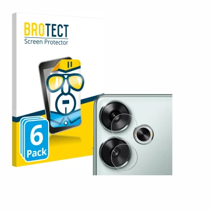 Front side of a product packaging with the brand logo BROTECT. Next to it is the device Xiaomi Poco F6 (ONLY Camera Lens) show
