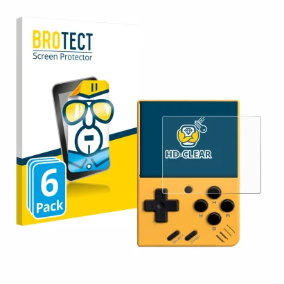 Front side of a product packaging with the brand logo BROTECT. Next to it is the device Miyoo Mini V4 shown with the correspon