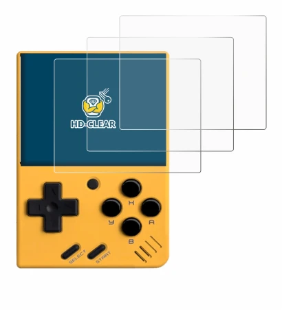 Image of the device Miyoo Mini V4 with a wide variety of screen protectors.