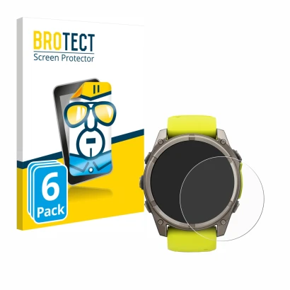 Front side of a product packaging with the brand logo BROTECT. Next to it is the device Garmin Fenix 8 Solar (51 mm) shown wit