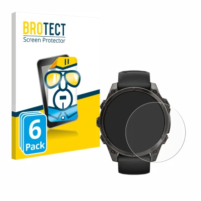 Front side of a product packaging with the brand logo BROTECT. Next to it is the device Garmin Fenix 8 AMOLED (47 mm) shown wi