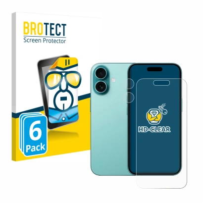 Front side of a product packaging with the brand logo BROTECT. Next to it is the device Apple iPhone 16 (Front+Camera) shown w