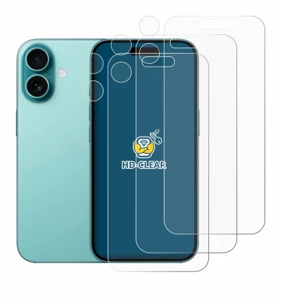 Image of the device Apple iPhone 16 (Front+Camera) with a wide variety of screen protectors.