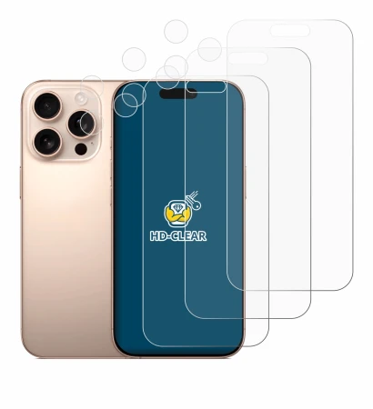 Image of the device Apple iPhone 16 Pro (Front+Camera) with a wide variety of screen protectors.