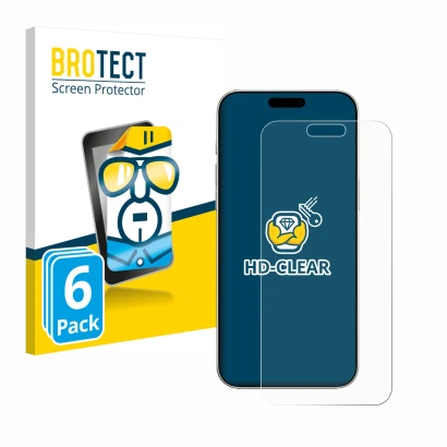 Front side of a product packaging with the brand logo BROTECT. Next to it is the device Apple iPhone 16 Pro Max shown with the