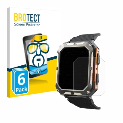 Front side of a product packaging with the brand logo BROTECT. Next to it is the device Findtime Smartwatch 1.83" shown with t