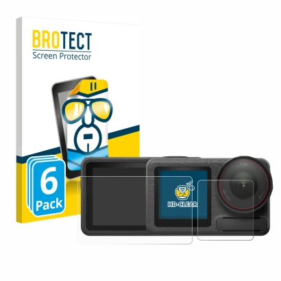 Front side of a product packaging with the brand logo BROTECT. Next to it is the device DJI Osmo Action 5 Pro shown with the c