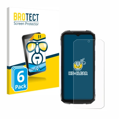 Front side of a product packaging with the brand logo BROTECT. Next to it is the device Hotwav Hyper 7 Pro shown with the corr