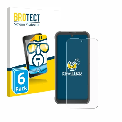 Front side of a product packaging with the brand logo BROTECT. Next to it is the device Blackview BV5200 Pro shown with the co