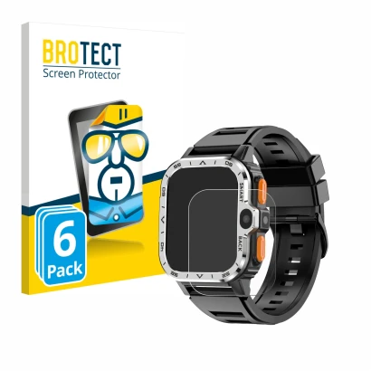 Front side of a product packaging with the brand logo BROTECT. Next to it is the device HS Smartwatch 2" shown with the corres