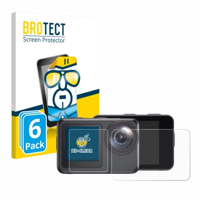 Front side of a product packaging with the brand logo BROTECT. Next to it is the device Akaso Brave 7 LE shown with the corres