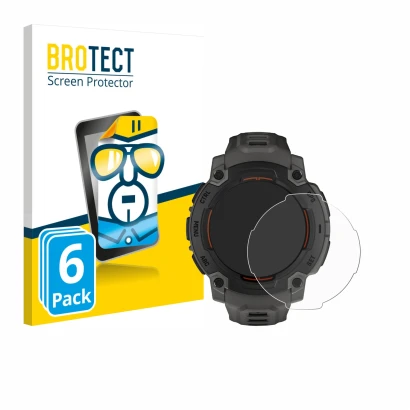Front side of a product packaging with the brand logo BROTECT. Next to it is the device Garmin Instinct E (45 mm) shown with t