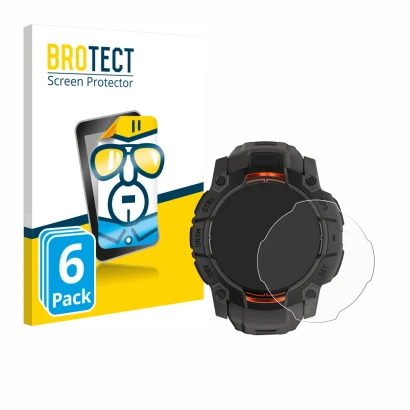 Front side of a product packaging with the brand logo BROTECT. Next to it is the device Garmin Instinct 3 Solar (50 mm) shown 