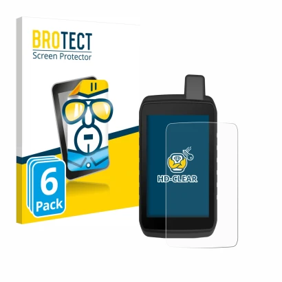Front side of a product packaging with the brand logo BROTECT. Next to it is the device Garmin Montana 710 shown with the corr