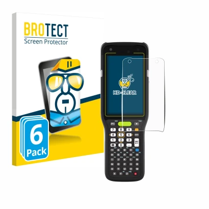 Front side of a product packaging with the brand logo BROTECT. Next to it is the device Zebra MC3400 shown with the correspond