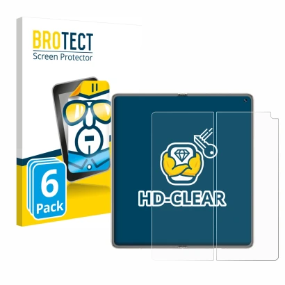 Front side of a product packaging with the brand logo BROTECT. Next to it is the device Huawei Mate X6 (Inner display) shown w