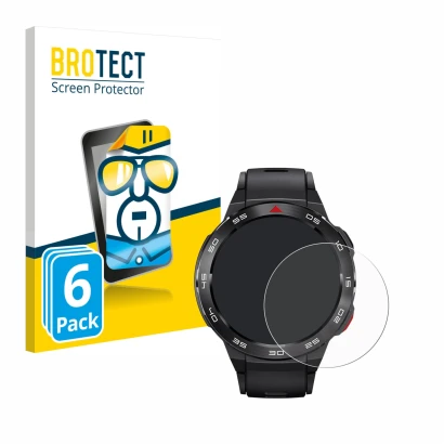 Front side of a product packaging with the brand logo BROTECT. Next to it is the device Xiaomi Mibro GS Pro shown with the cor