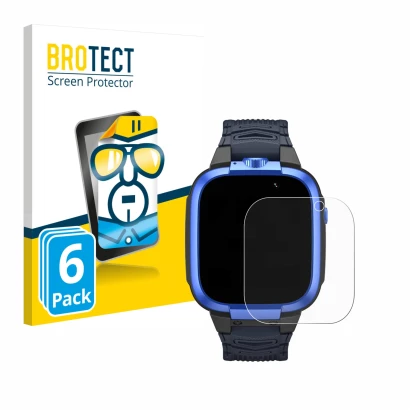 Front side of a product packaging with the brand logo BROTECT. Next to it is the device Xiaomi Mibro Kids Z3 shown with the co