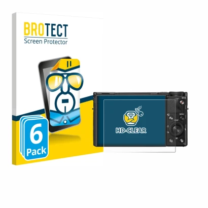 Front side of a product packaging with the brand logo BROTECT. Next to it is the device Sony Cyber-Shot DSC-RX100 VIIA shown w