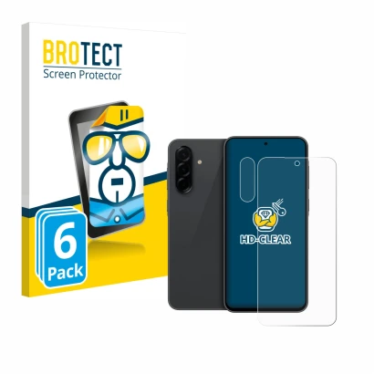 Front side of a product packaging with the brand logo BROTECT. Next to it is the device Samsung Galaxy A36 5G (Front+Camera) s