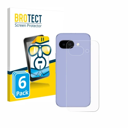 Front side of a product packaging with the brand logo BROTECT. Next to it is the device Google Pixel 9a (Back) shown with the 