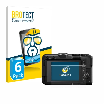 Front side of a product packaging with the brand logo BROTECT. Next to it is the device Canon EOS R50 V shown with the corresp
