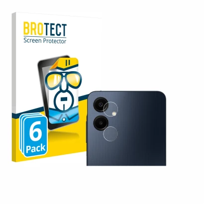 Front side of a product packaging with the brand logo BROTECT. Next to it is the device Samsung Galaxy A06 5G (ONLY Camera Len