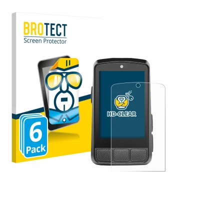 Front side of a product packaging with the brand logo BROTECT. Next to it is the device Wahoo Elemnt Bolt 3 shown with the cor