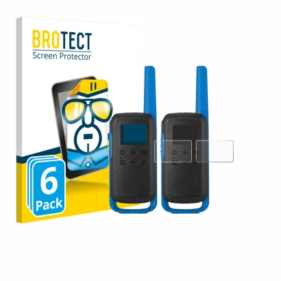 Front side of a product packaging with the brand logo BROTECT. Next to it is the device Motorola TALKABOUT T62 shown with the
