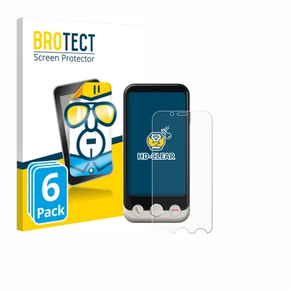 Front side of a product packaging with the brand logo BROTECT. Next to it is the device Doro Aurora A10 shown with the corresp