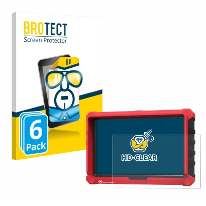 Front side of a product packaging with the brand logo BROTECT. Next to it is the device Lilliput A7s 7" shown with the corresp