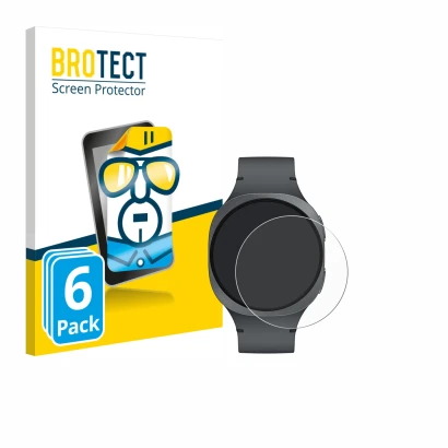 Front side of a product packaging with the brand logo BROTECT. Next to it is the device Samsung Galaxy Watch 8 (40 mm) shown w