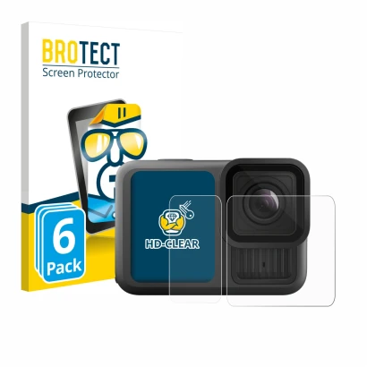 Front side of a product packaging with the brand logo BROTECT. Next to it is the device GoPro Hero 13 Black Ultra Wide Edition