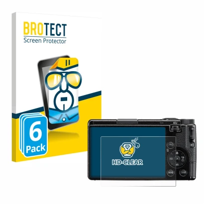 Front side of a product packaging with the brand logo BROTECT. Next to it is the device Ricoh GR IV 2025 shown with the corres