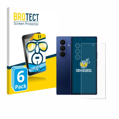 Front side of a product packaging with the brand logo BROTECT. Next to it is the device Samsung Galaxy Z Fold 7 (Front+Camera)