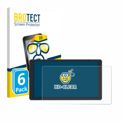 Front side of a product packaging with the brand logo BROTECT. Next to it is the device Feelworld CUT6 6" shown with the corre