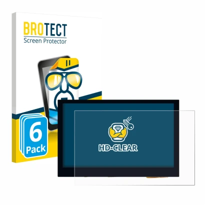 Front side of a product packaging with the brand logo BROTECT. Next to it is the device Waveshare 4.3" shown with the correspo