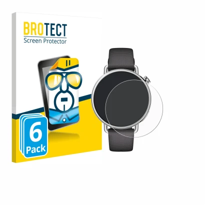 Front side of a product packaging with the brand logo BROTECT. Next to it is the device Xiaomi Watch S4 (41 mm) shown with the