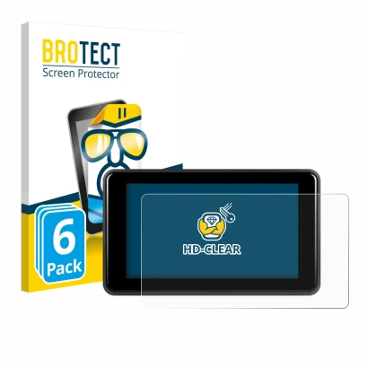 Front side of a product packaging with the brand logo BROTECT. Next to it is the device Vechtel Motorrad Carplay 5" shown with