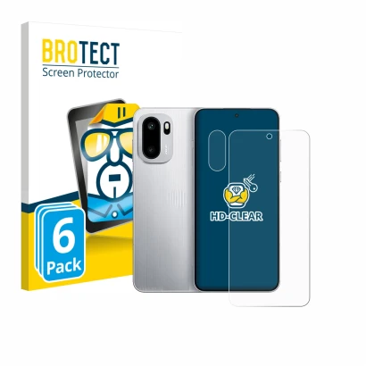 Front side of a product packaging with the brand logo BROTECT. Next to it is the device OnePlus 15R (Front+Camera) shown with