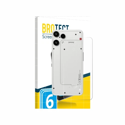Front side of a product packaging with the brand logo BROTECT. Next to it is the device Nothing Phone (3a) Lite (Back) shown w