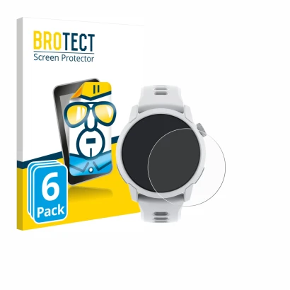 Front side of a product packaging with the brand logo BROTECT. Next to it is the device Coros Pace 4 shown with the correspond