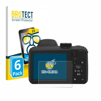Front side of a product packaging with the brand logo BROTECT. Next to it is the device Kodak Pixpro AZ405 shown with the corr