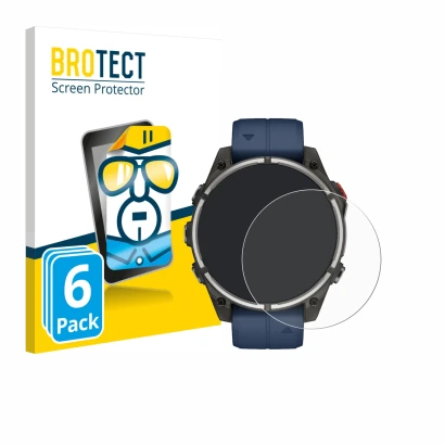Front side of a product packaging with the brand logo BROTECT. Next to it is the device Garmin quatix 8 Pro (47 mm) shown with