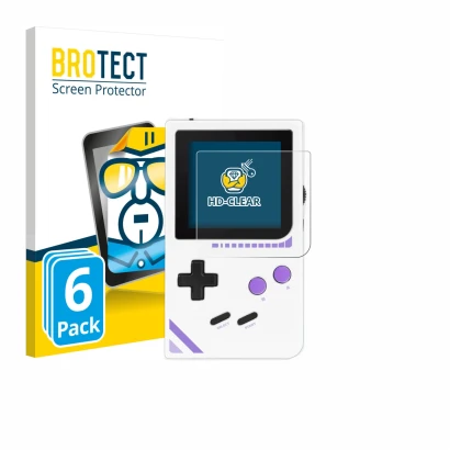 Front side of a product packaging with the brand logo BROTECT. Next to it is the device Modretro Chromatic shown with the corr